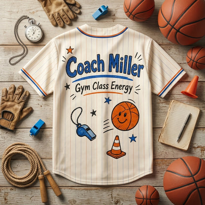 Personalized PE Teacher Crew Baseball Jersey - Custom Coach Name Gym Class Energy Shirt - Unisex Pinstripe Jersey