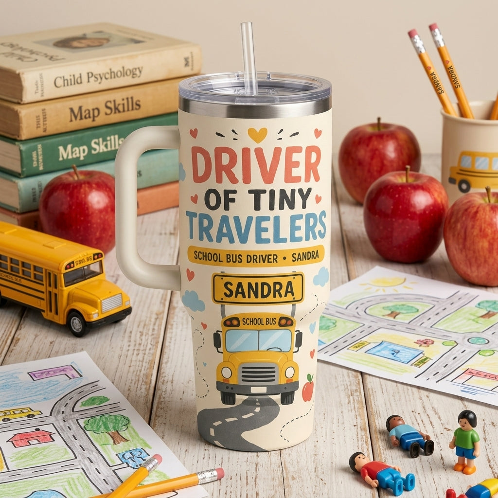 Personalized School Bus Driver 40oz Tumbler with Handle - Driver of Tiny Travelers Custom Name Gift