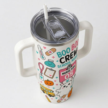 Personalized Boo Boo Crew School Nurse 40oz Tumbler with Handle, Cute Ghost Halloween Medical Gift for Pediatric Nurses