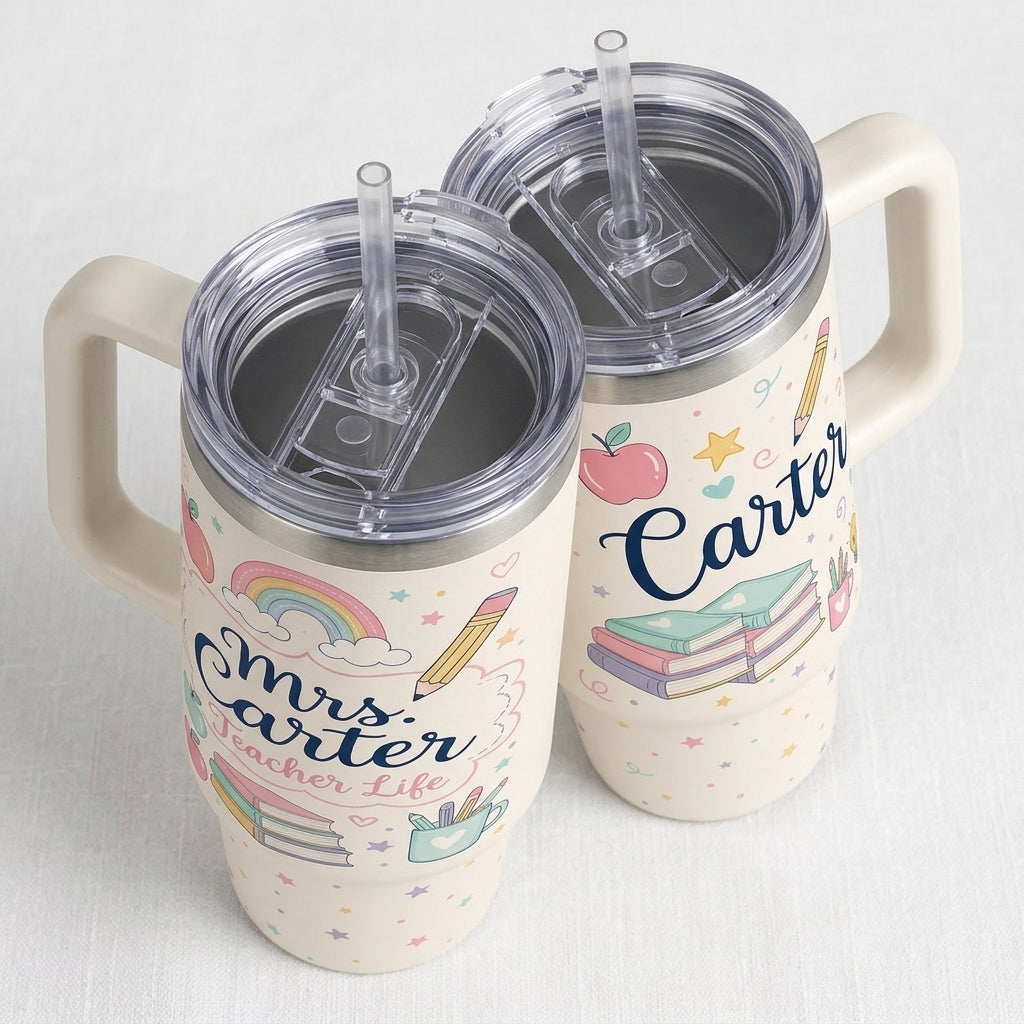 Personalized Teacher Life Tumbler 40oz with Handle - Custom Name Teacher Appreciation Gift with Rainbow and Books