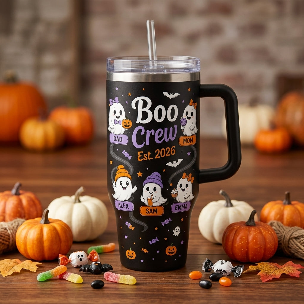 Personalized Boo Crew Halloween Ghost 40oz Tumbler with Handle - Custom Family Name & Member Gift