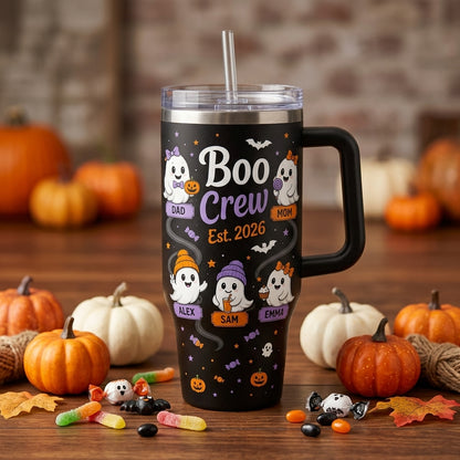 Personalized Boo Crew Halloween Ghost 40oz Tumbler with Handle - Custom Family Name & Member Gift