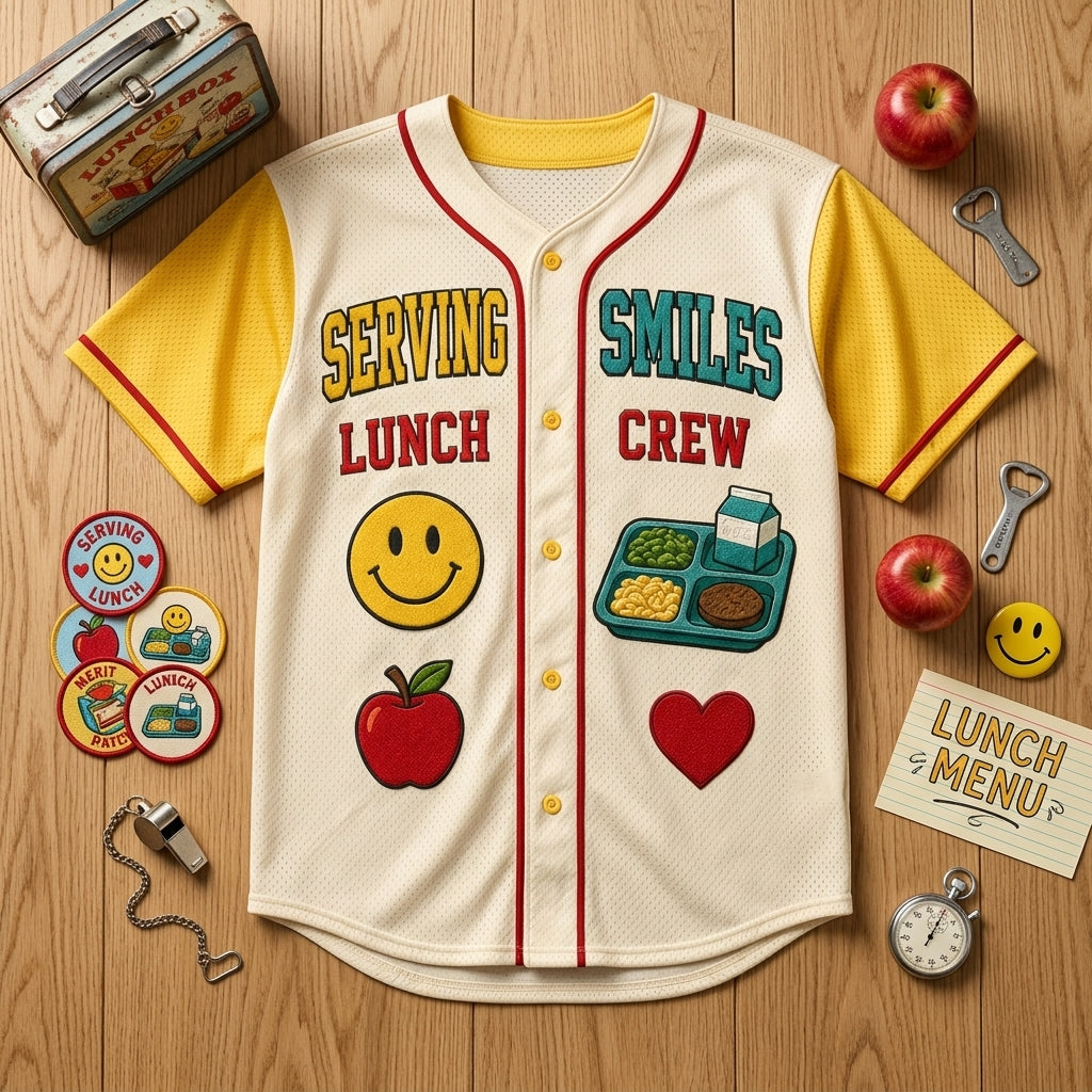 Personalized Serving Smiles Lunch Crew Baseball Jersey - Custom Name School Cafeteria Worker Gift