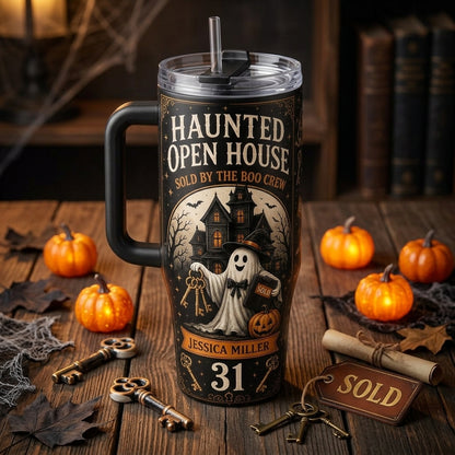 Personalized Haunted Open House Real Estate 40oz Tumbler with Handle - Custom Realtor Halloween Gift