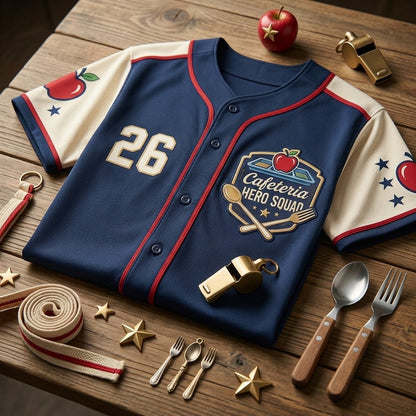 Personalized Cafeteria Hero Squad Baseball Jersey - Custom Name and Number School Staff Gift