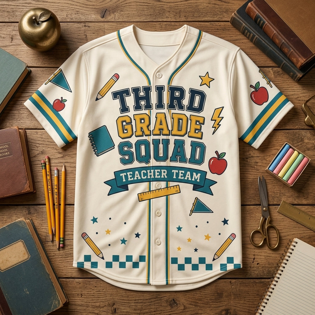 Personalized Third Grade Squad Teacher Baseball Jersey - Custom Name Back-to-School Grade Level Crew Uniform