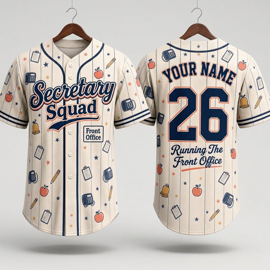 Personalized Secretary Squad Baseball Jersey - Custom Name & Number Front Office School Staff Shirt