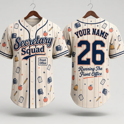 Personalized Secretary Squad Baseball Jersey - Custom Name & Number Front Office School Staff Shirt
