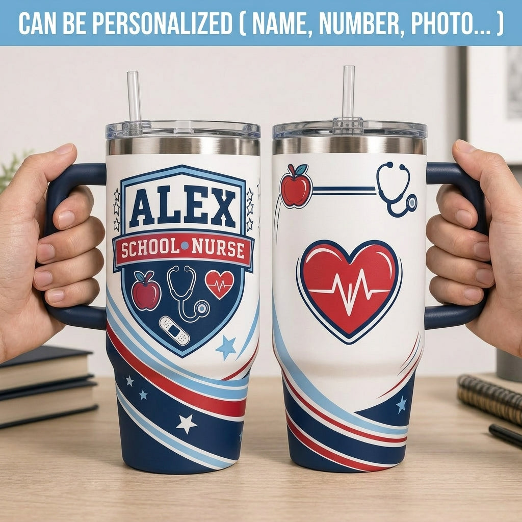 Personalized School Nurse 40oz Tumbler with Handle - Custom Name and Year Gift
