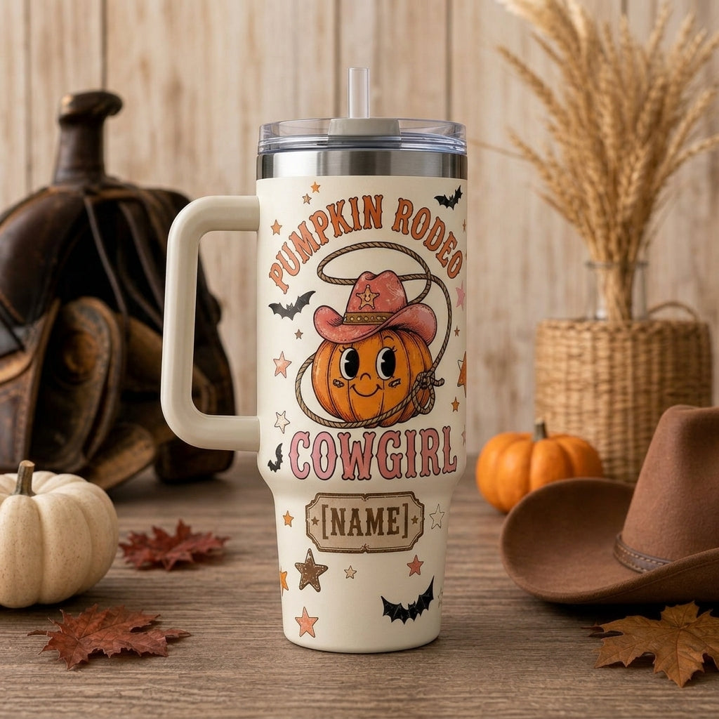 Personalized Pumpkin Rodeo Cowgirl 40oz Tumbler with Handle - Custom Name Western Halloween Gift