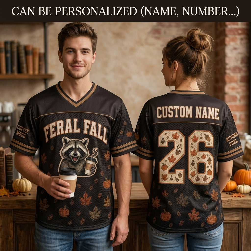 Personalized Feral Fall Raccoon Football Jersey - Custom Name & Coffee Mode Autumn Apparel