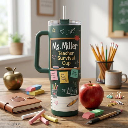 Personalized Teacher Survival Cup 40oz Tumbler with Handle - Custom Name Chalkboard School Gift