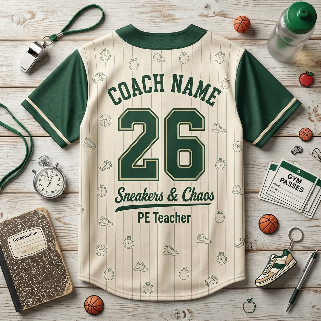 Personalized PE Teacher Baseball Jersey - Custom Coach Name Whistle Crew Sport Shirt for Gym Teachers