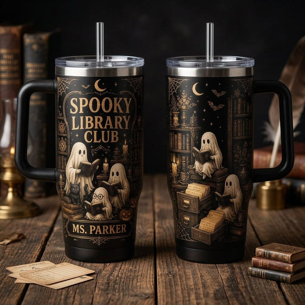 Personalized Spooky Library Club 40oz Tumbler with Handle - Custom Name Ghost Bookworm Gift for Librarians & Teachers