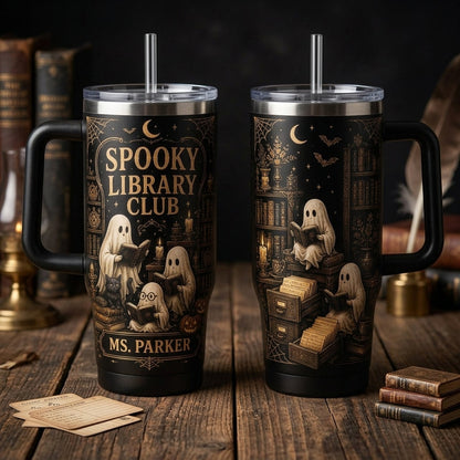 Personalized Spooky Library Club 40oz Tumbler with Handle - Custom Name Ghost Bookworm Gift for Librarians & Teachers