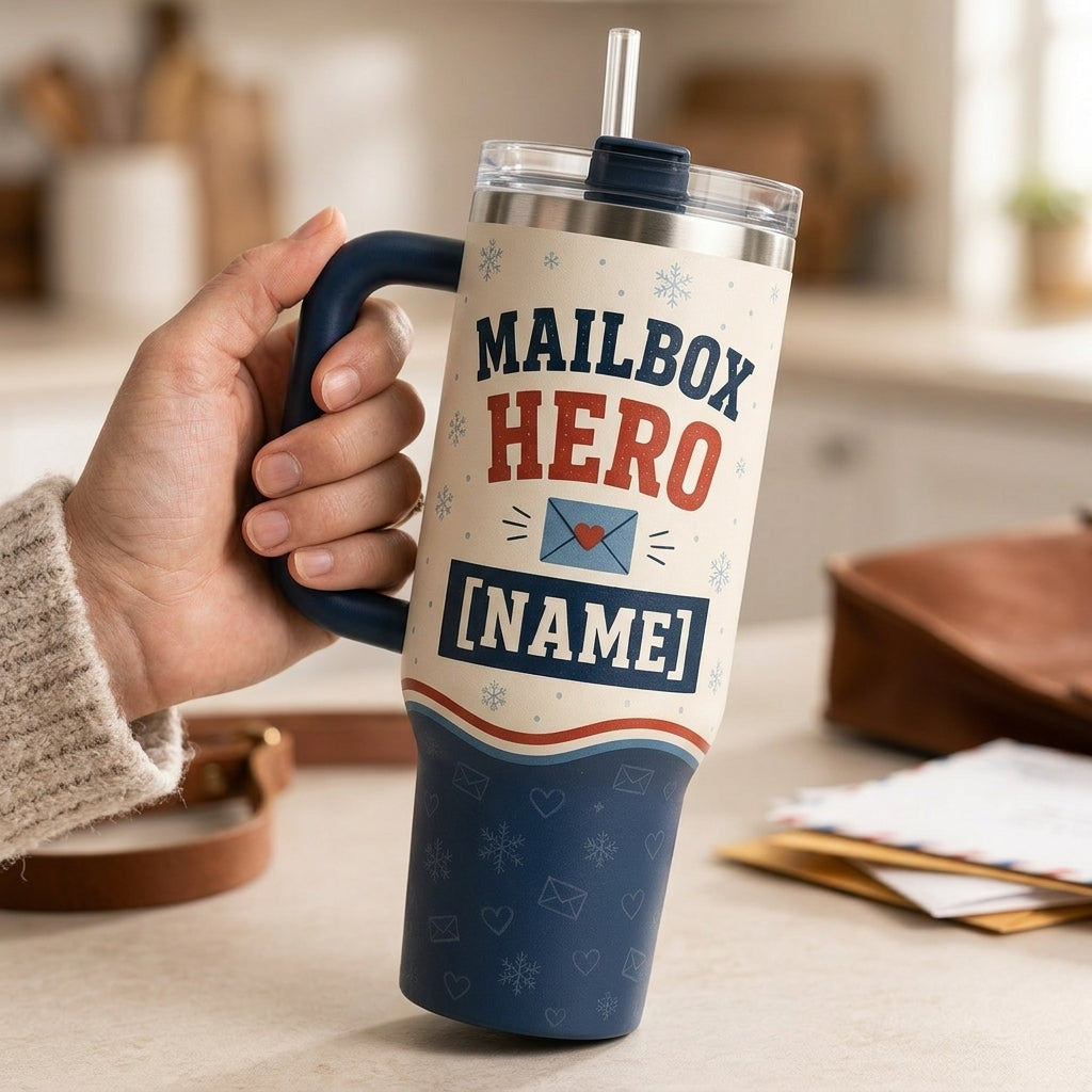 Personalized Mailbox Hero 40oz Tumbler with Handle - Custom Name Gift for Mail Carrier & Postal Worker - 40oz tumbler mockup 4