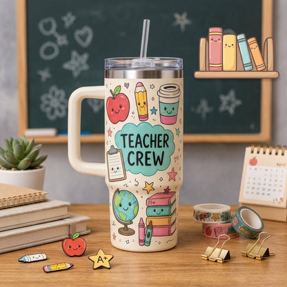 Teacher Crew Personalized 40oz Tumbler with Handle - Cute Kawaii School Supplies Design Gift for Teachers & Educators