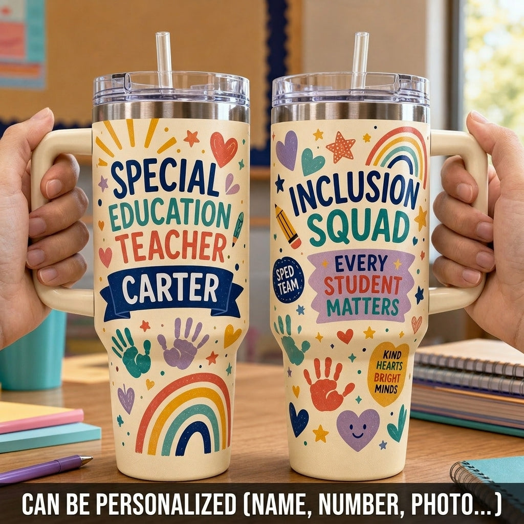 Personalized Special Education Teacher 40oz Tumbler with Handle - Custom Name Inclusion Squad Gift