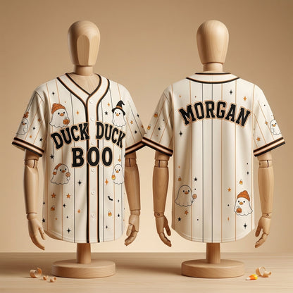 Personalized Duck Duck Boo Halloween Baseball Jersey - Custom Name Cute Ghost Duck Pinstripe Sporty Outfit