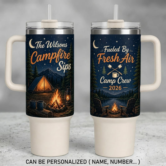 Personalized Campfire Sips 40oz Tumbler with Handle - Custom Family Name Camp Crew Gift