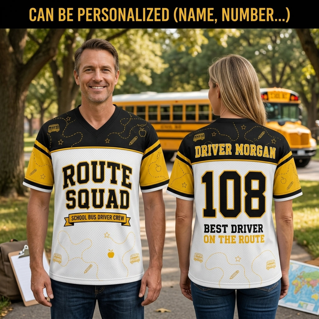 Personalized School Bus Driver Football Jersey - Custom Name & Number Route Squad Mesh Jersey