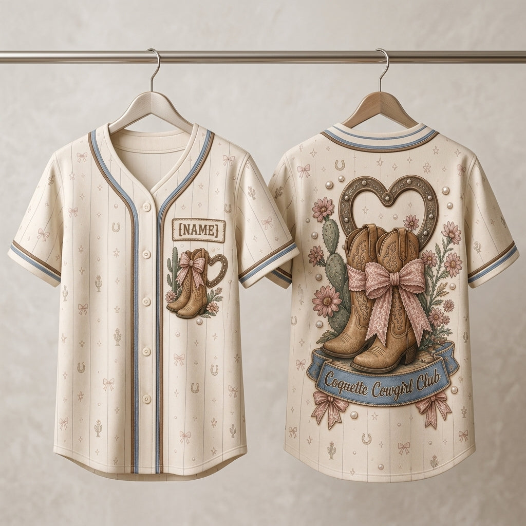 Personalized Coquette Cowgirl Club Baseball Jersey - Custom Name Western Aesthetic Cowgirl Boots & Bows