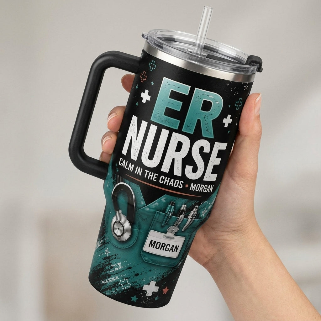Personalized ER Nurse 40oz Tumbler with Handle - Custom Name Calm In The Chaos Medical Gift