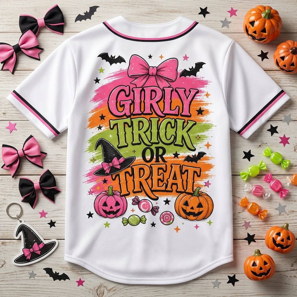 Girly Trick or Treat Halloween Baseball Jersey - Cute Ghost & Pink Pumpkin Spooky Season Shirt
