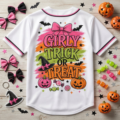 Girly Trick or Treat Halloween Baseball Jersey - Cute Ghost & Pink Pumpkin Spooky Season Shirt