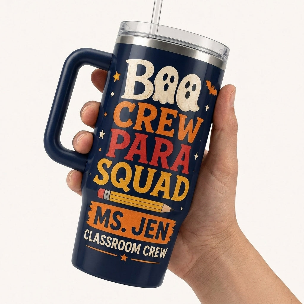 Personalized Boo Crew Para Squad 40oz Tumbler with Handle - Custom Teacher Halloween Paraprofessional Gift