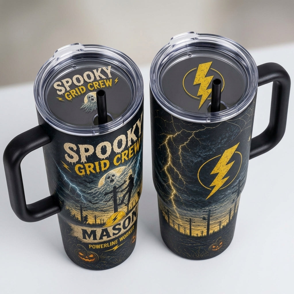 Personalized Spooky Grid Crew 40oz Tumbler with Handle, Custom Name Halloween Gift for Lineman Powerline Worker