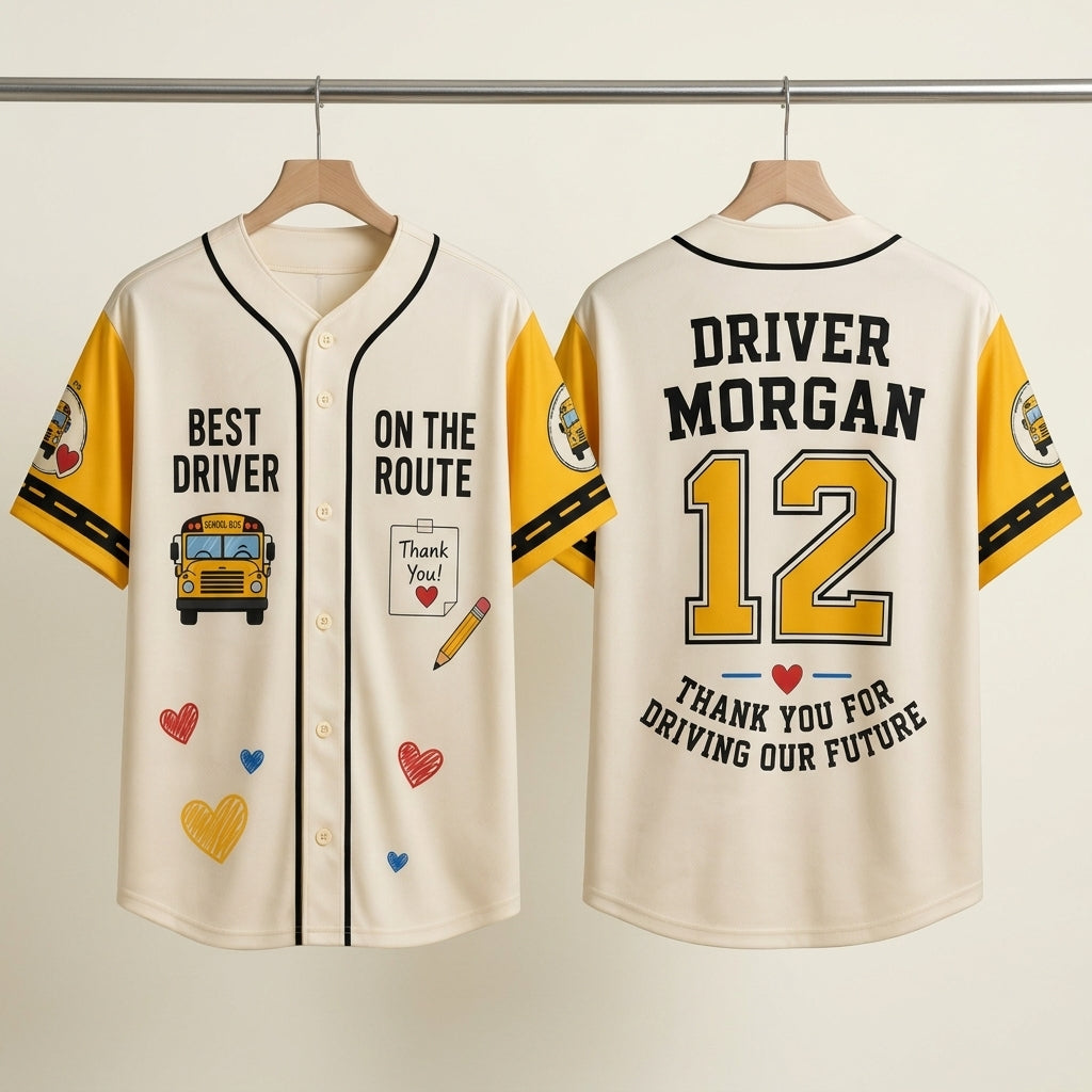 Personalized School Bus Driver Baseball Jersey - Custom Name & Number Appreciation Gift - Breathable Athletic Shirt