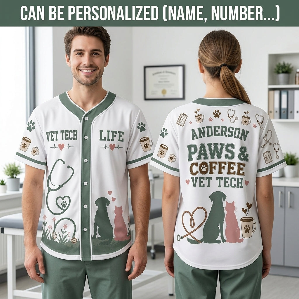 Personalized Vet Tech Paws & Coffee Baseball Jersey - Custom Name Veterinary Professional Gift Shirt - baseball jersey product view 2