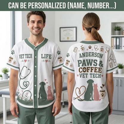 Personalized Vet Tech Paws & Coffee Baseball Jersey - Custom Name Veterinary Professional Gift Shirt - baseball jersey product view 2