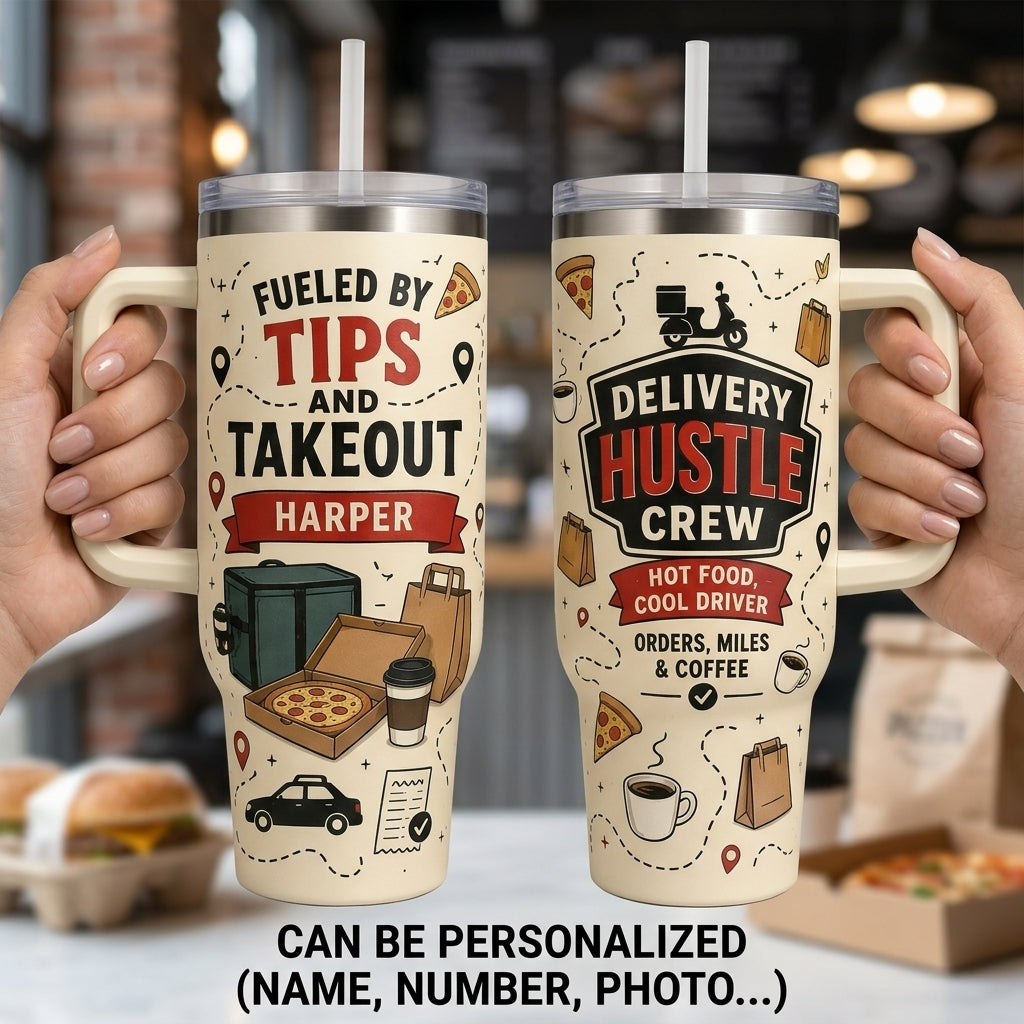 Personalized Delivery Driver 40oz Tumbler with Handle - Custom Hustle Crew Name Gift