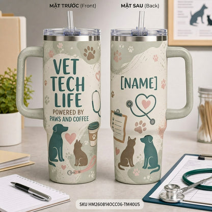 Personalized Vet Tech Life 40oz Tumbler with Handle - Custom Name Gift for Veterinary Technician - 40oz tumbler mockup 2