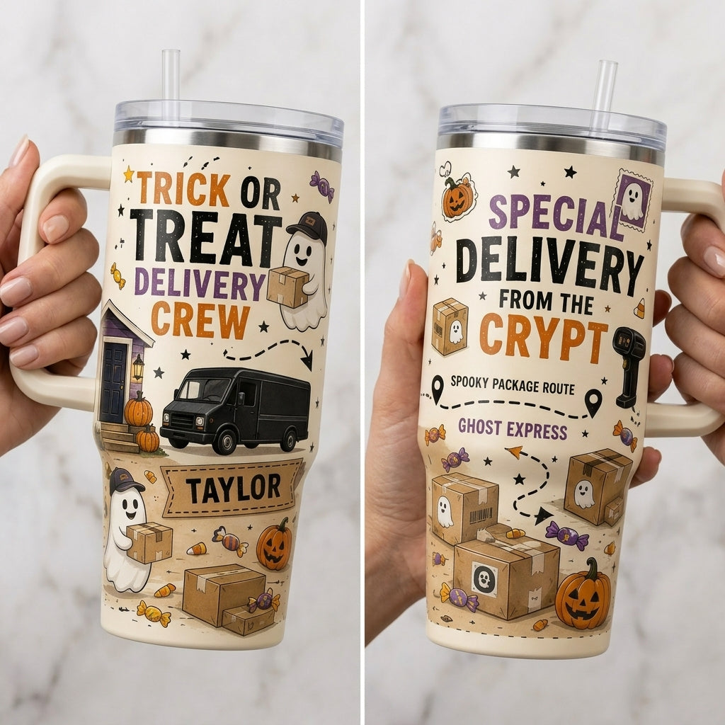 Personalized Trick or Treat Delivery Crew 40oz Tumbler with Handle Custom Name Ghost Express Halloween Gift for Drivers