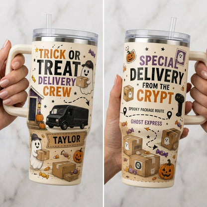 Personalized Trick or Treat Delivery Crew 40oz Tumbler with Handle Custom Name Ghost Express Halloween Gift for Drivers