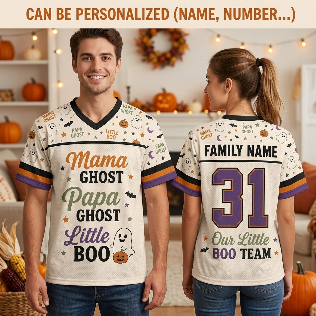 Personalized Family Halloween Football Jersey - Custom Name Ghost Team Jersey for Mama Papa and Little Boo