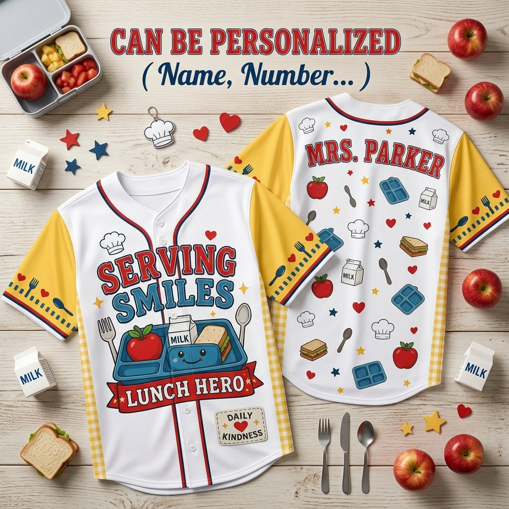 Personalized Lunch Hero Serving Smiles Baseball Jersey - Custom Name School Cafeteria Worker Gift
