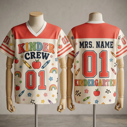 Personalized Kindergarten Teacher Mesh Football Jersey - Custom Name Kinder Crew Back to School Shirt