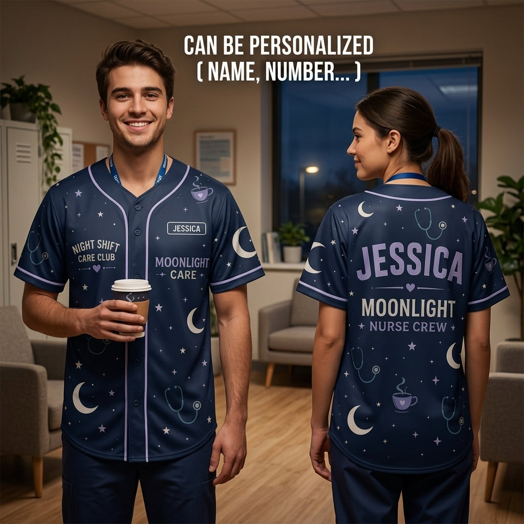 Personalized Night Shift Nurse Baseball Jersey Custom Name Moonlight Care Club Medical Gift