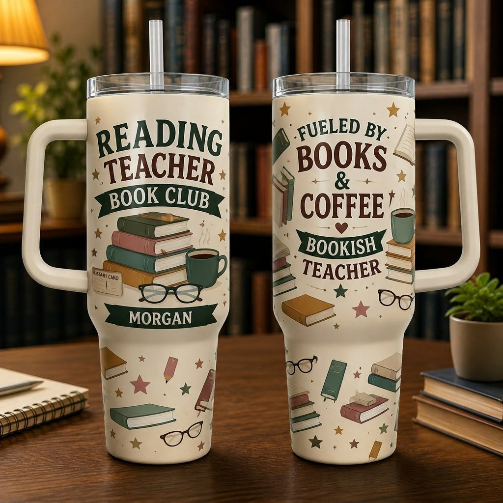 Personalized Reading Teacher Book Club 40oz Tumbler with Handle, Custom Bookish Gift for Teachers
