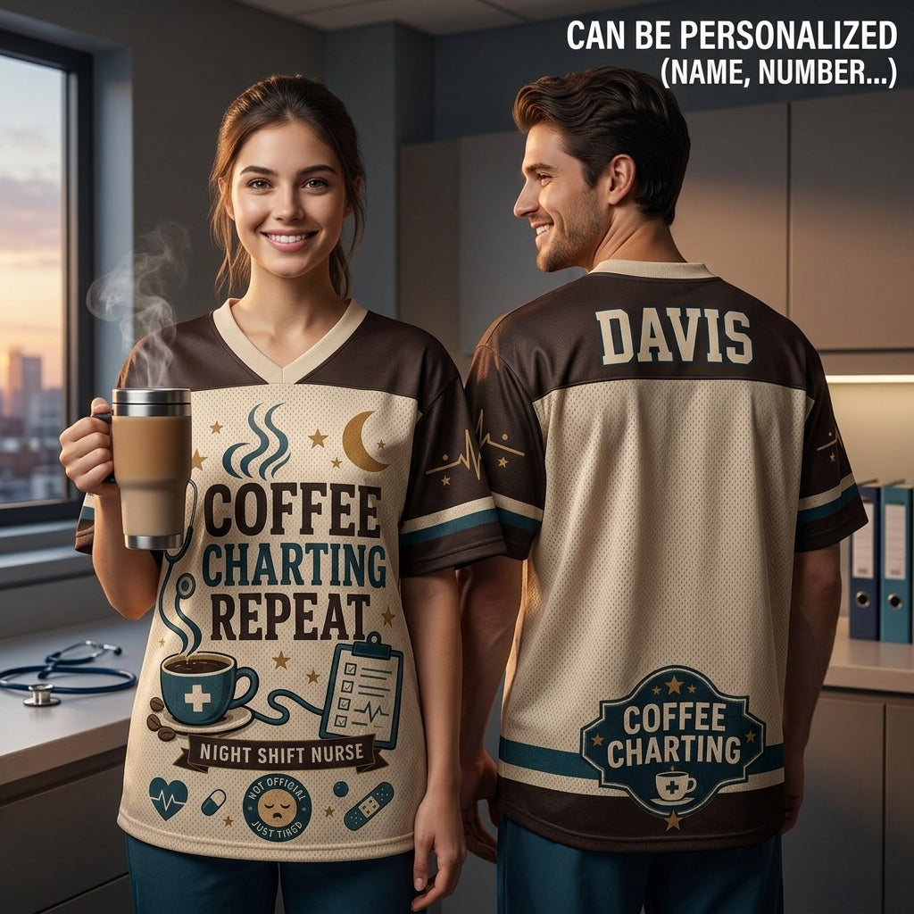 Personalized Coffee Charting Repeat Night Shift Nurse Football Jersey - Custom Name Mesh Mesh Athletic Shirt