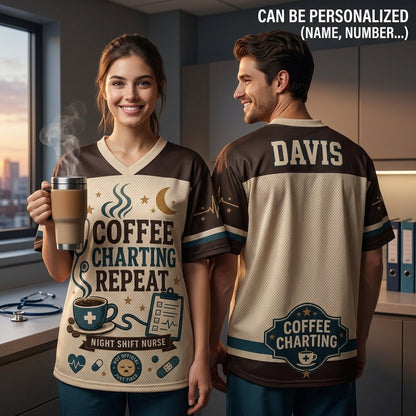 Personalized Coffee Charting Repeat Night Shift Nurse Football Jersey - Custom Name Mesh Mesh Athletic Shirt