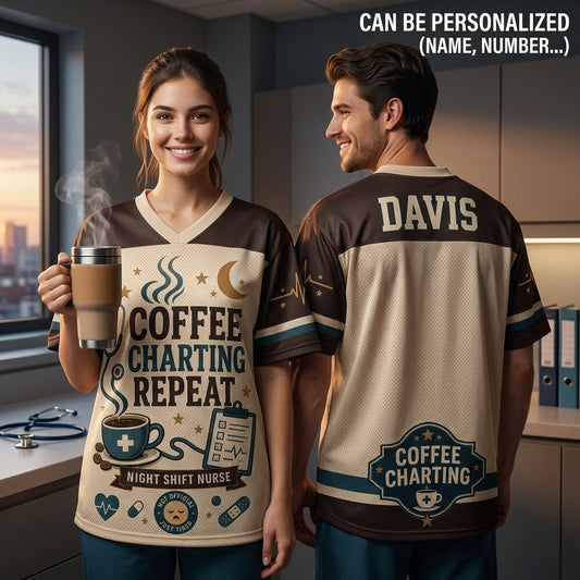 Personalized Coffee Charting Repeat Night Shift Nurse Football Jersey - Custom Name Mesh Mesh Athletic Shirt