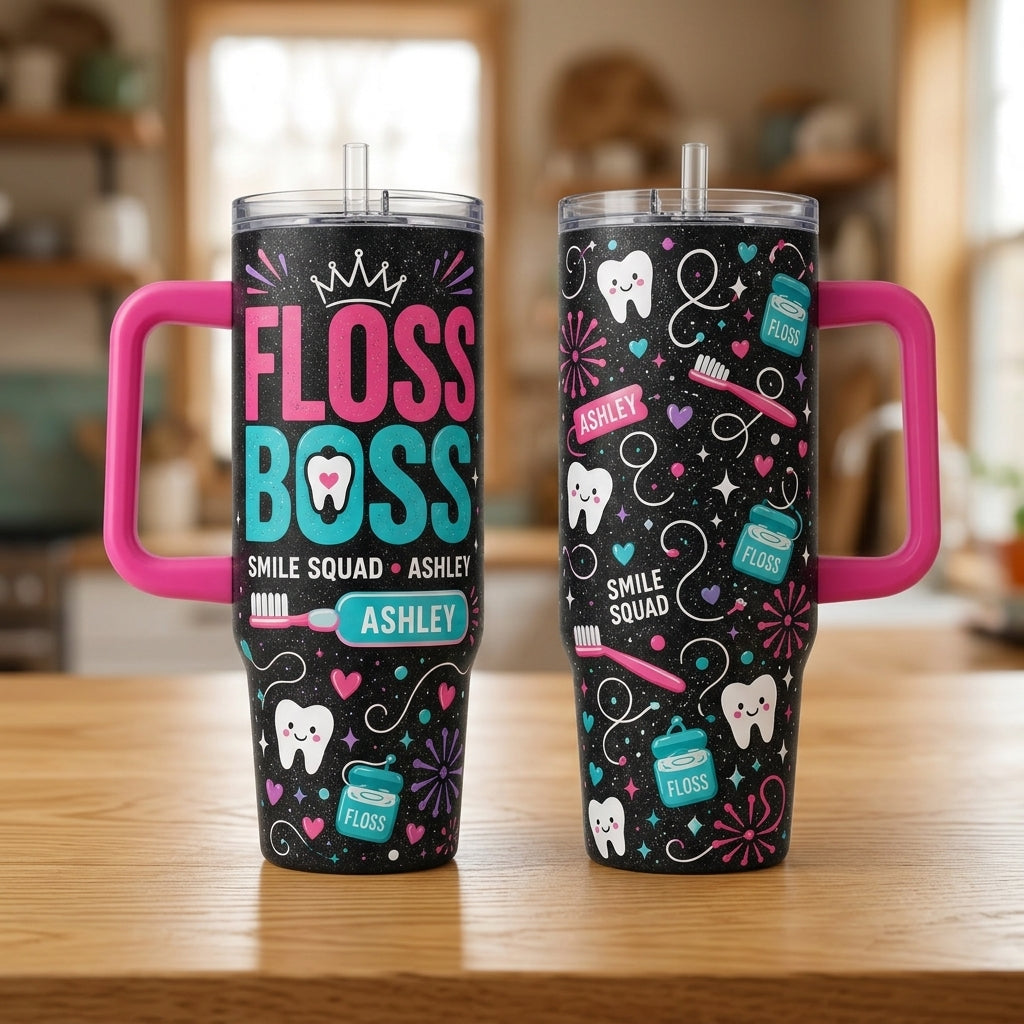 Personalized Floss Boss 40oz Tumbler with Handle - Custom Name Smile Squad Gift for Dental Hygienist