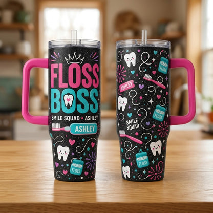 Personalized Floss Boss 40oz Tumbler with Handle - Custom Name Smile Squad Gift for Dental Hygienist