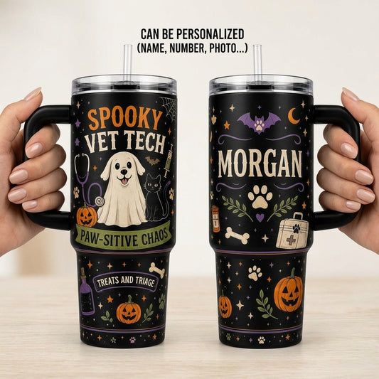 Personalized Spooky Vet Tech 40oz Tumbler with Handle - Custom Name Halloween Veterinary Gift