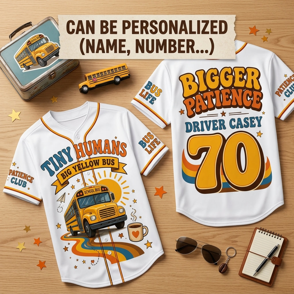 Personalized School Bus Driver Baseball Jersey - Custom Name and Number Tiny Humans Big Yellow Bus Gift